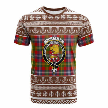 Forrester (Foster) Clan Tartan Christmas Cotton T-shirt with Family Crest