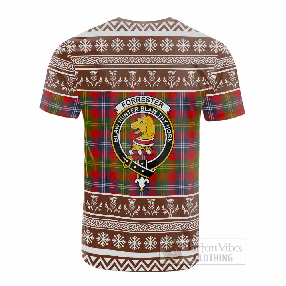 Forrester (Foster) Clan Tartan Christmas Cotton T-shirt with Family Crest - Tartan Vibes Clothing