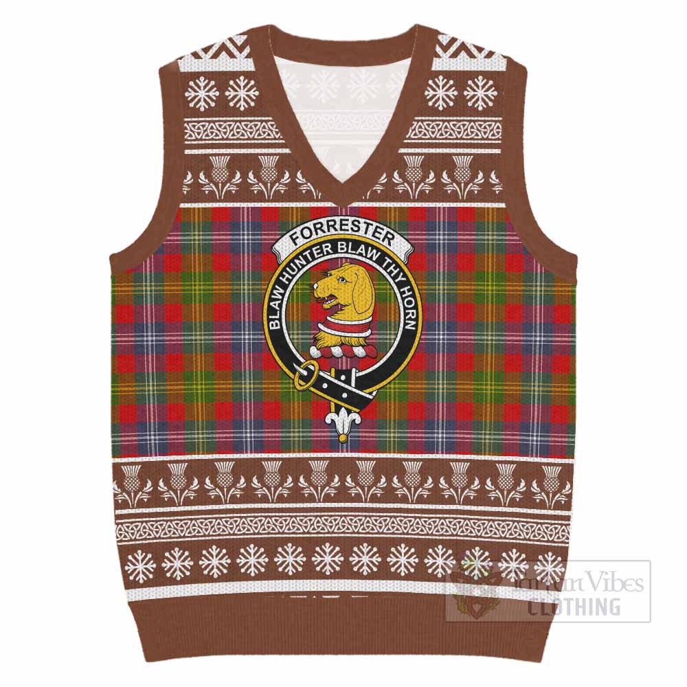Forrester (Foster) Clan Tartan Christmas Knitted V-Neck Vest with Family Crest - Tartan Vibes Clothing