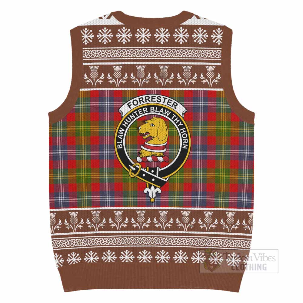 Forrester (Foster) Clan Tartan Christmas Knitted V-Neck Vest with Family Crest - Tartan Vibes Clothing