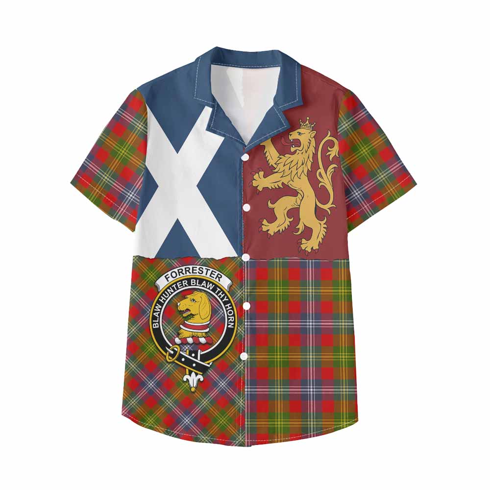 Forrester (Foster) Crest Tartan Kid Hawaiian Shirt with Lion Rampant Saltire Style - Tartan Vibes Clothing