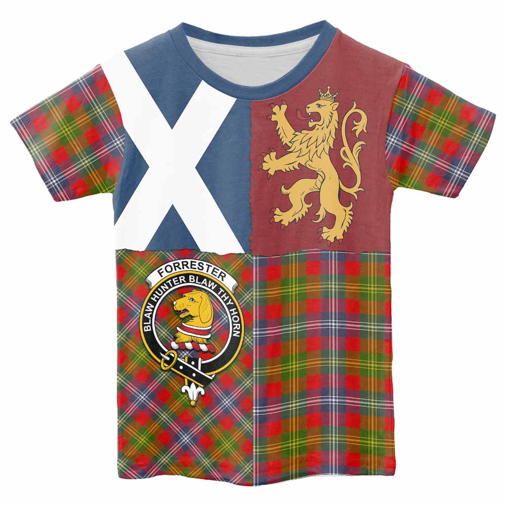 Forrester (Foster) Crest Tartan Kid T-shirt with Lion Rampant Saltire Style - Tartan Vibes Clothing