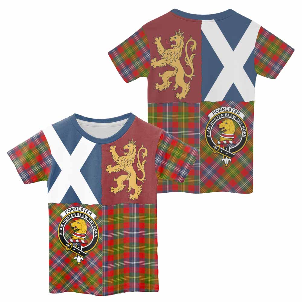 Forrester (Foster) Crest Tartan Kid T-shirt with Lion Rampant Saltire Style - Tartan Vibes Clothing