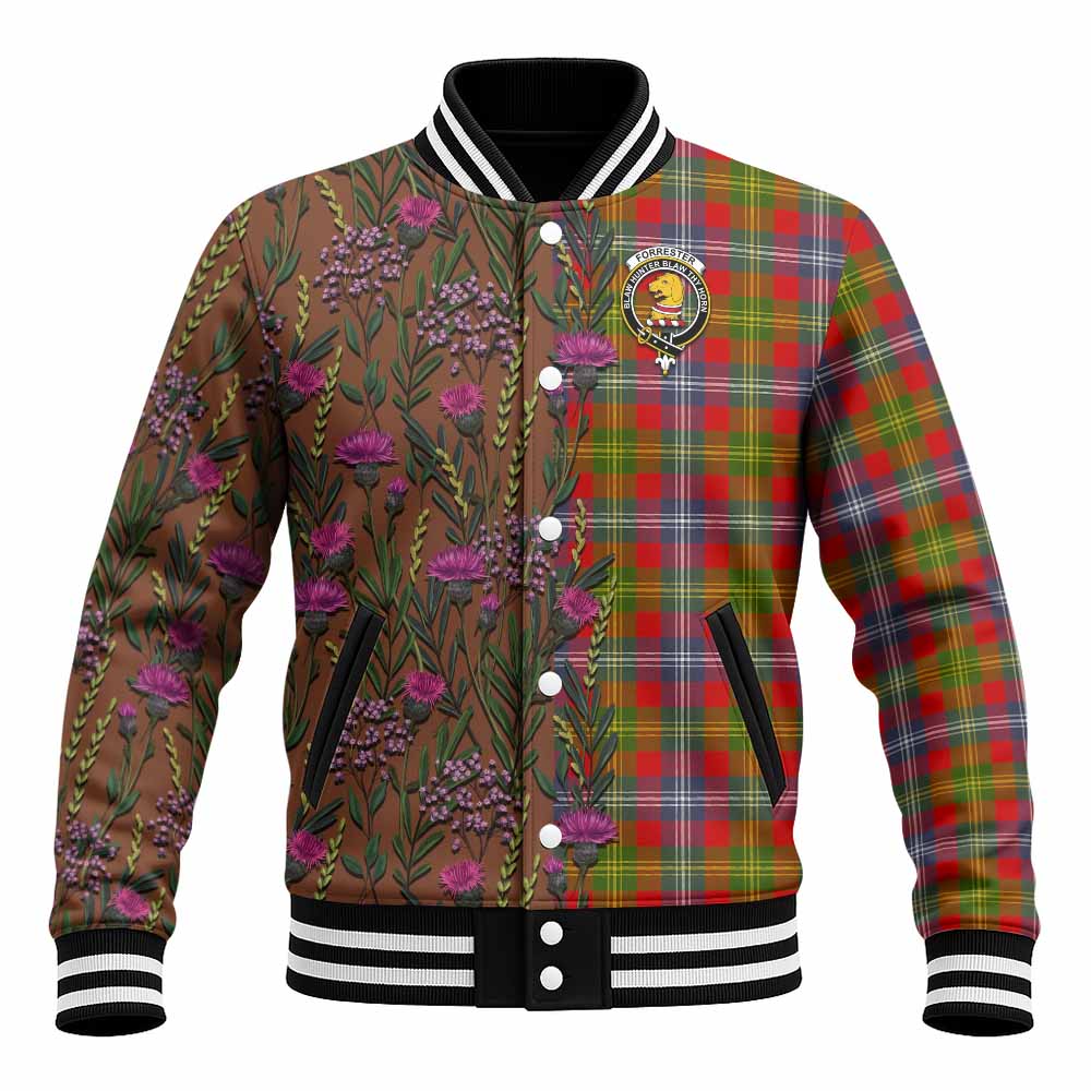 Forrester (Foster) Family Crest Tartan Baseball Jacket Scottish Thistle Flower Pattern Half Style - Tartan Vibes Clothing