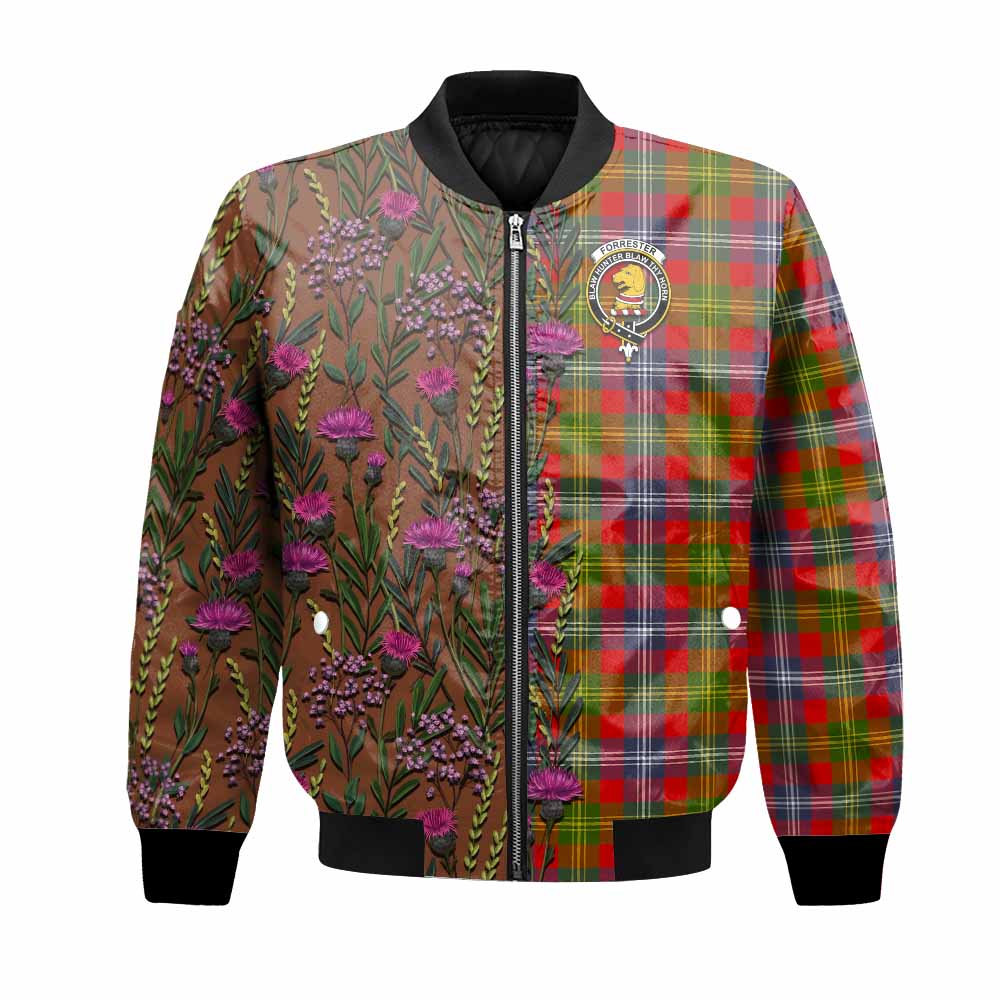 Forrester (Foster) Family Crest Tartan Bomber Jacket Scottish Thistle Flower Pattern Half Style - Tartan Vibes Clothing