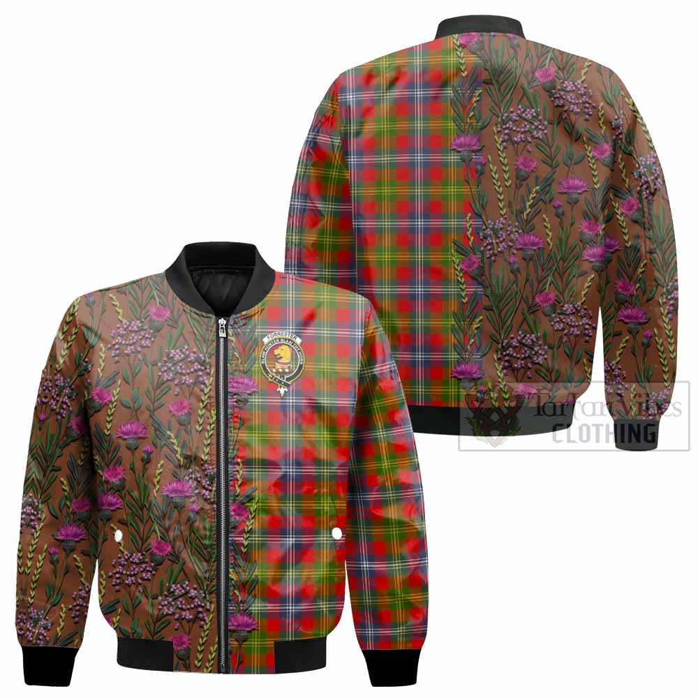 Forrester (Foster) Family Crest Tartan Bomber Jacket Scottish Thistle Flower Pattern Half Style - Tartan Vibes Clothing
