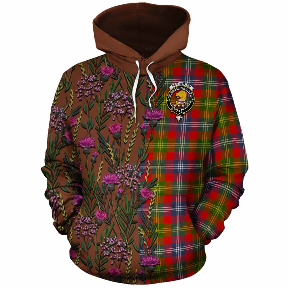 Forrester (Foster) Family Crest Tartan Cotton Hoodie Scottish Thistle Flower Pattern Half Style - Tartan Vibes Clothing