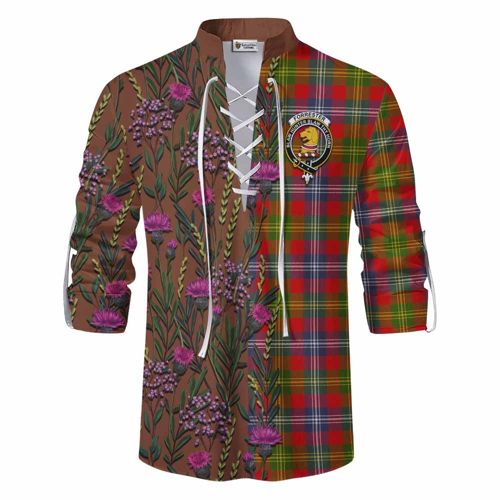 Forrester (Foster) Family Crest Tartan Ghillie Shirt Scottish Thistle Flower Pattern Half Style - Tartan Vibes Clothing