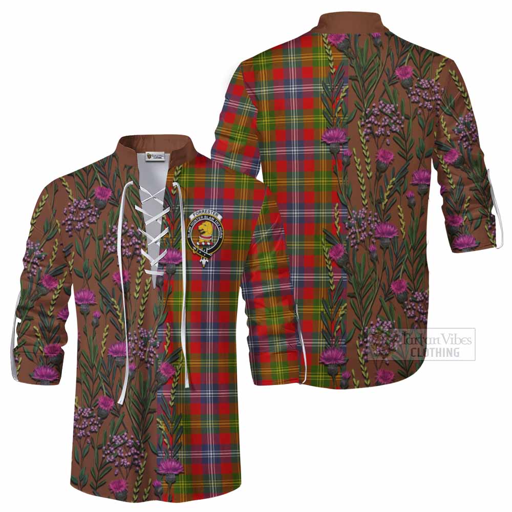 Forrester (Foster) Family Crest Tartan Ghillie Shirt Scottish Thistle Flower Pattern Half Style - Tartan Vibes Clothing
