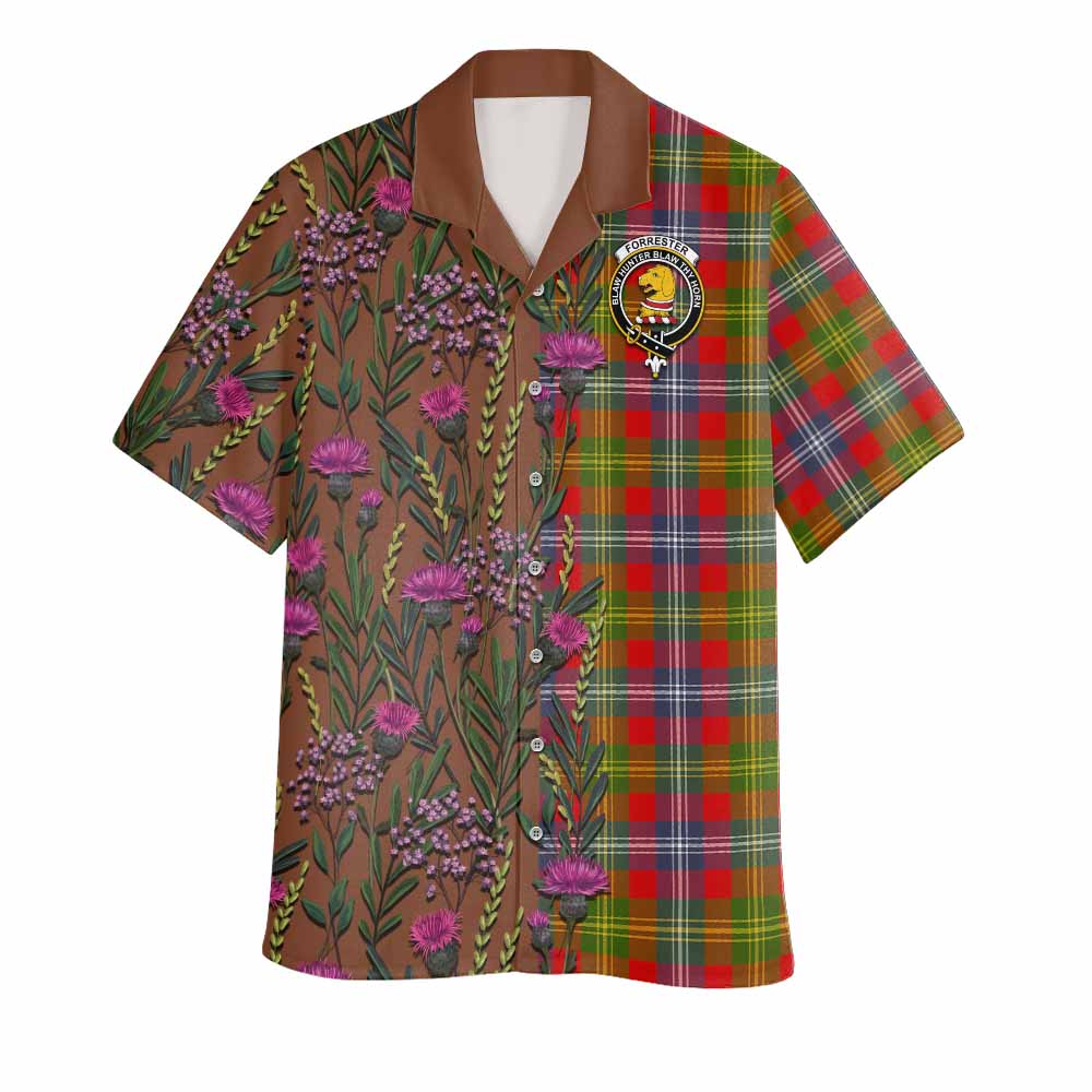 Forrester (Foster) Family Crest Tartan Hawaiian Shirt Scottish Thistle Flower Pattern Half Style - Tartan Vibes Clothing
