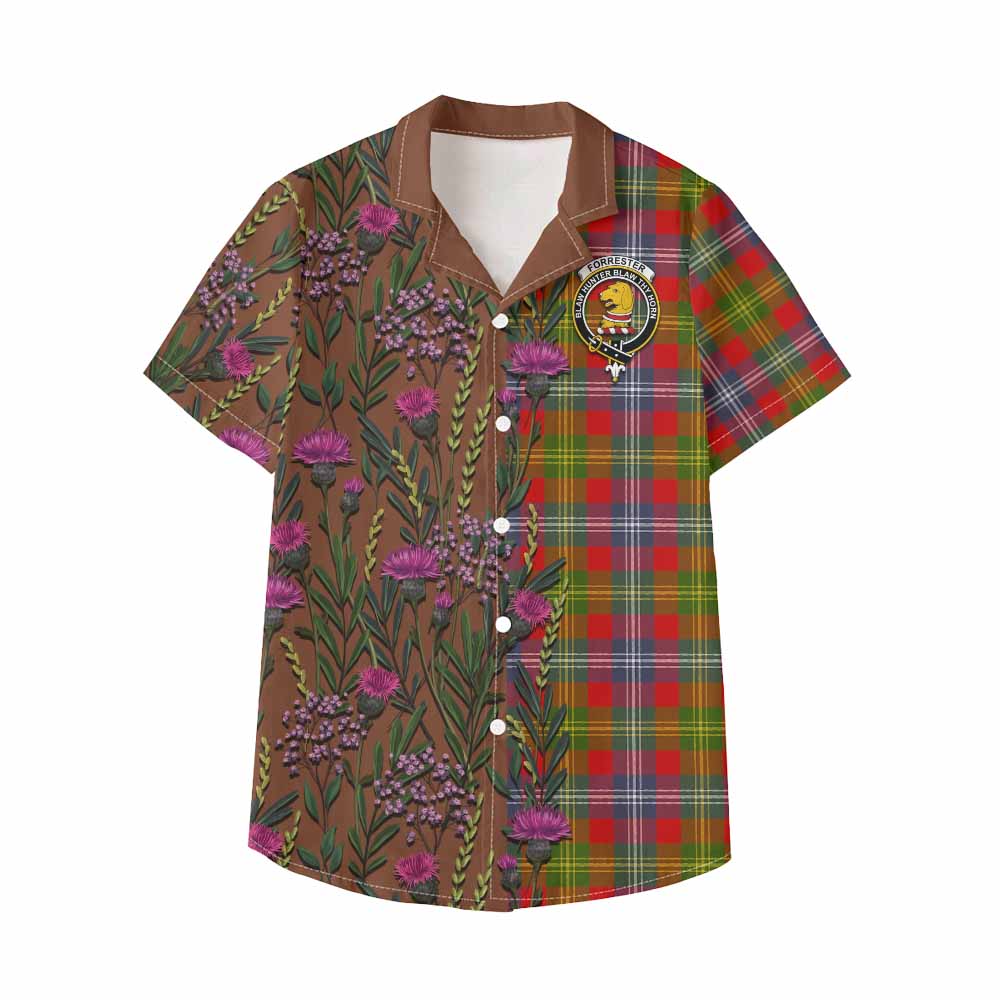 Forrester (Foster) Family Crest Tartan Kid Hawaiian Shirt Scottish Thistle Flower Pattern Half Style - Tartan Vibes Clothing
