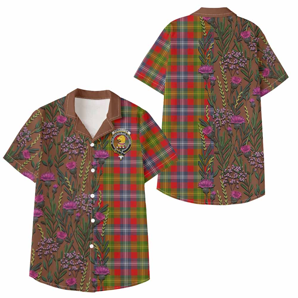 Forrester (Foster) Family Crest Tartan Kid Hawaiian Shirt Scottish Thistle Flower Pattern Half Style - Tartan Vibes Clothing