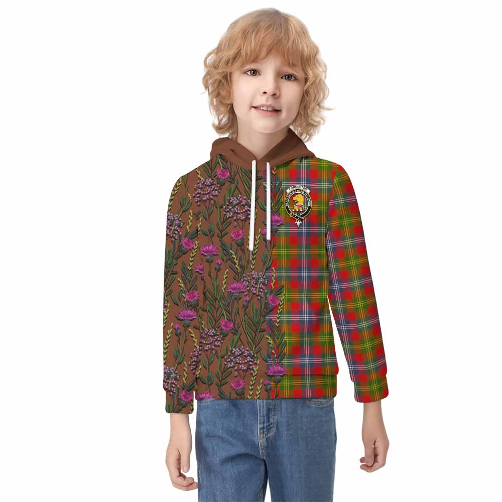 Forrester (Foster) Family Crest Tartan Kid Hoodie Scottish Thistle Flower Pattern Half Style - Tartan Vibes Clothing