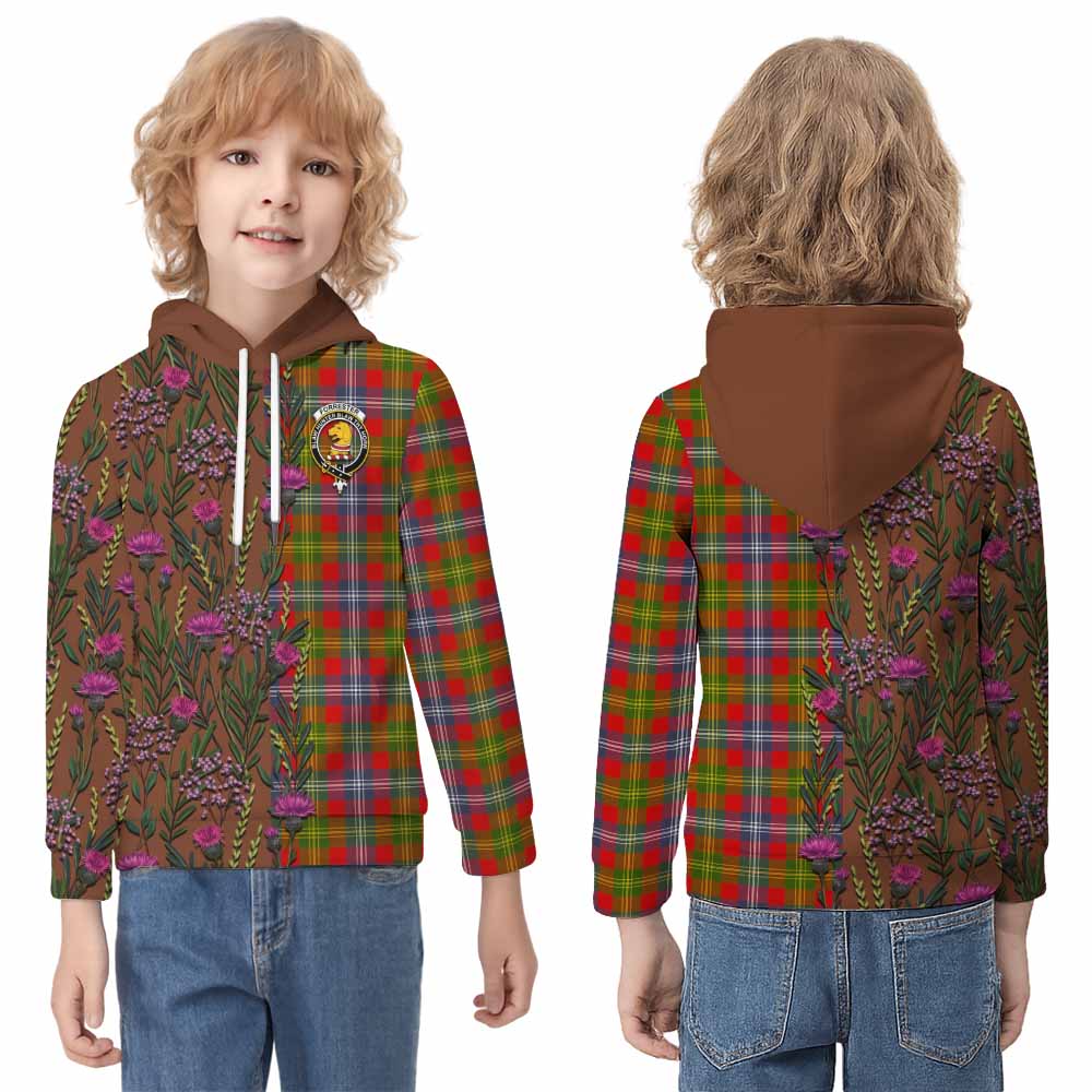 Forrester (Foster) Family Crest Tartan Kid Hoodie Scottish Thistle Flower Pattern Half Style - Tartan Vibes Clothing