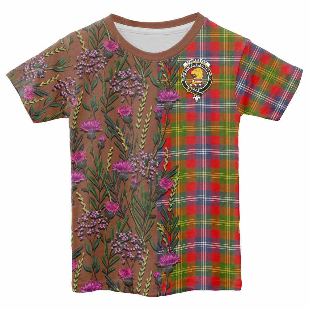 Forrester (Foster) Family Crest Tartan Kid T-shirt Scottish Thistle Flower Pattern Half Style - Tartan Vibes Clothing