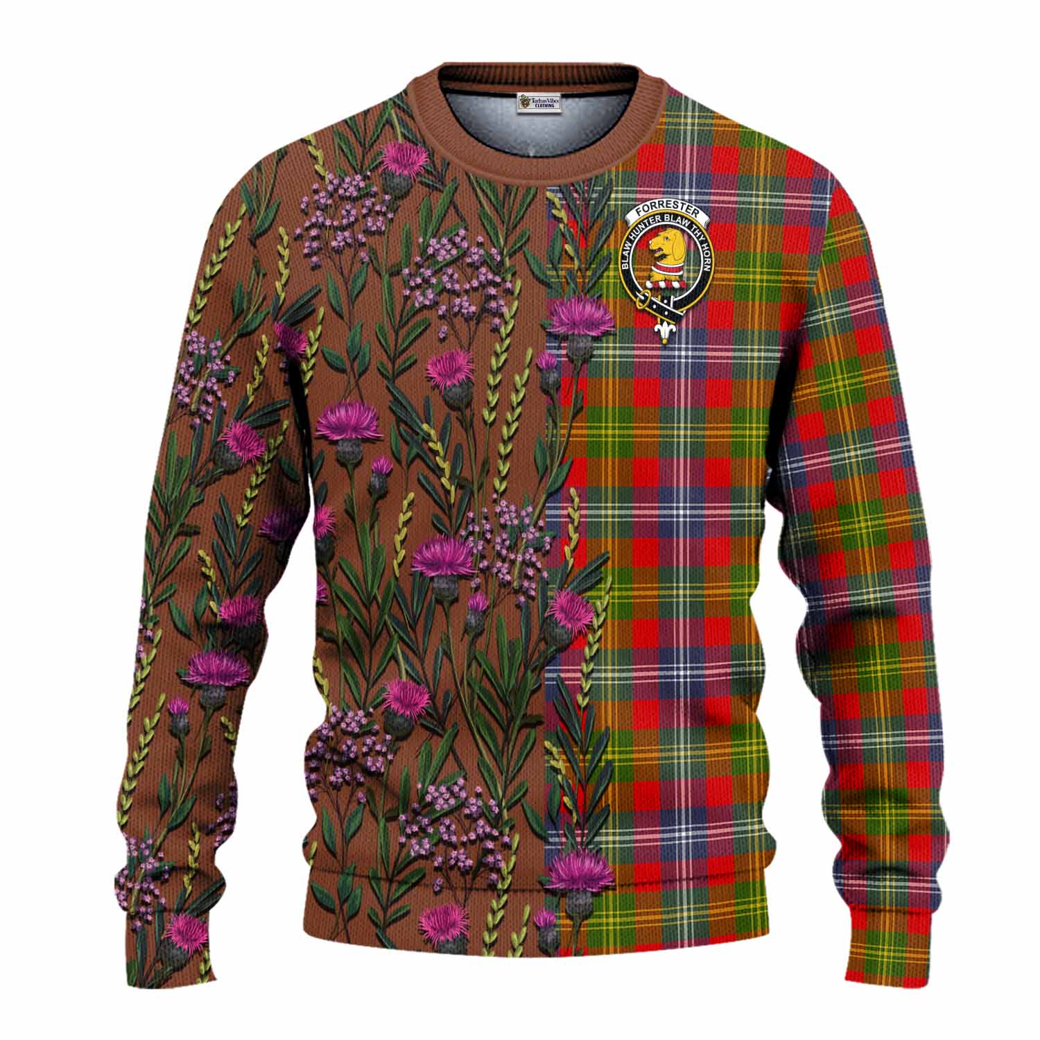 Forrester (Foster) Family Crest Tartan Knitted Sweater Scottish Thistle Flower Pattern Half Style - Tartan Vibes Clothing