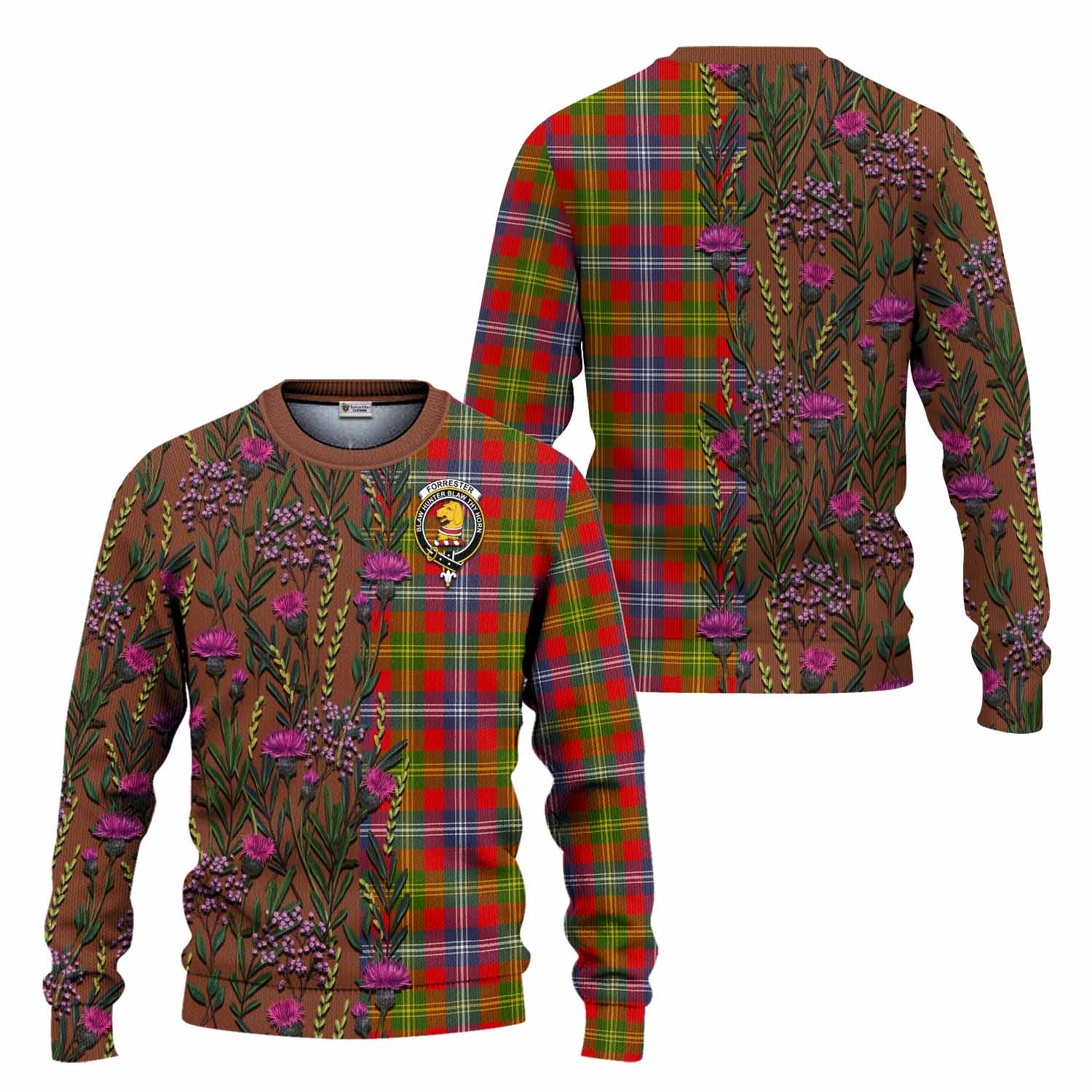 Forrester (Foster) Family Crest Tartan Knitted Sweater Scottish Thistle Flower Pattern Half Style - Tartan Vibes Clothing