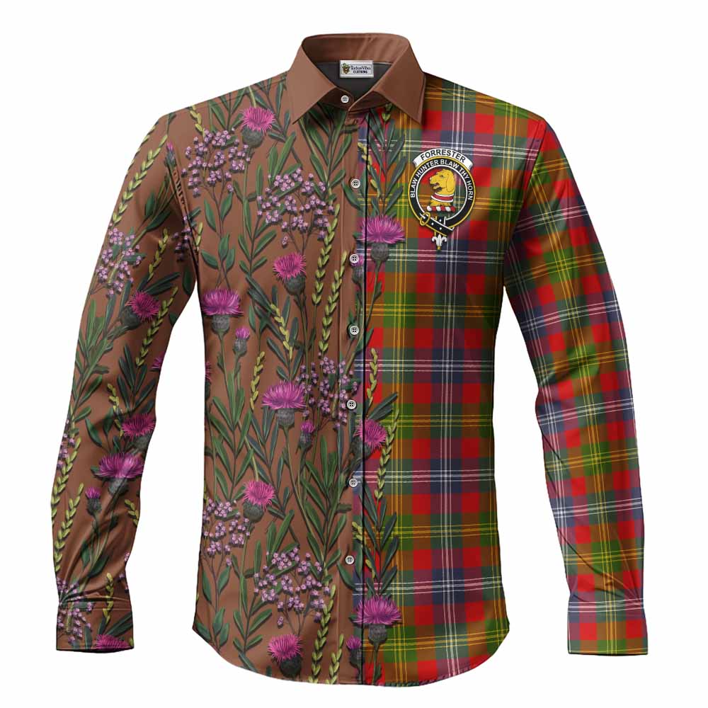 Forrester (Foster) Family Crest Tartan Long Sleeve Button Shirts Scottish Thistle Flower Pattern Half Style - Tartan Vibes Clothing