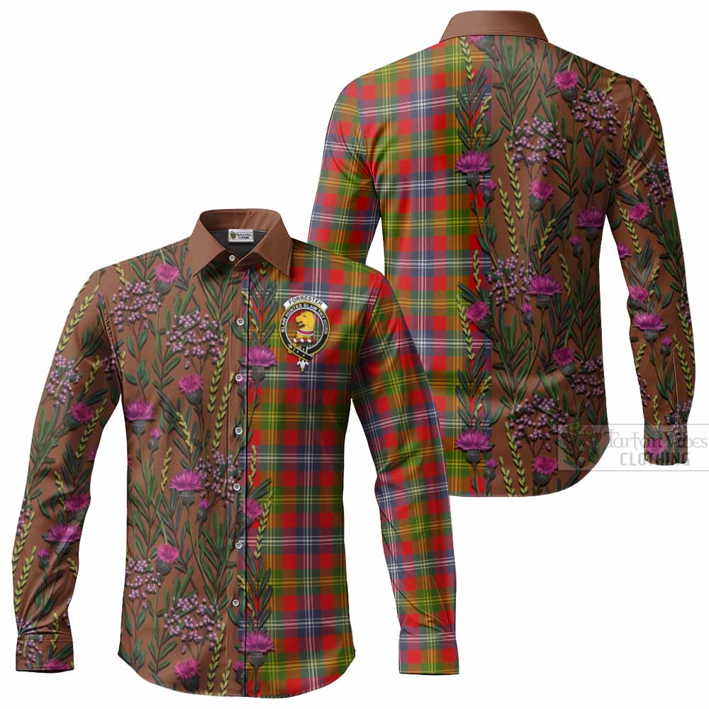 Forrester (Foster) Family Crest Tartan Long Sleeve Button Shirts Scottish Thistle Flower Pattern Half Style - Tartan Vibes Clothing