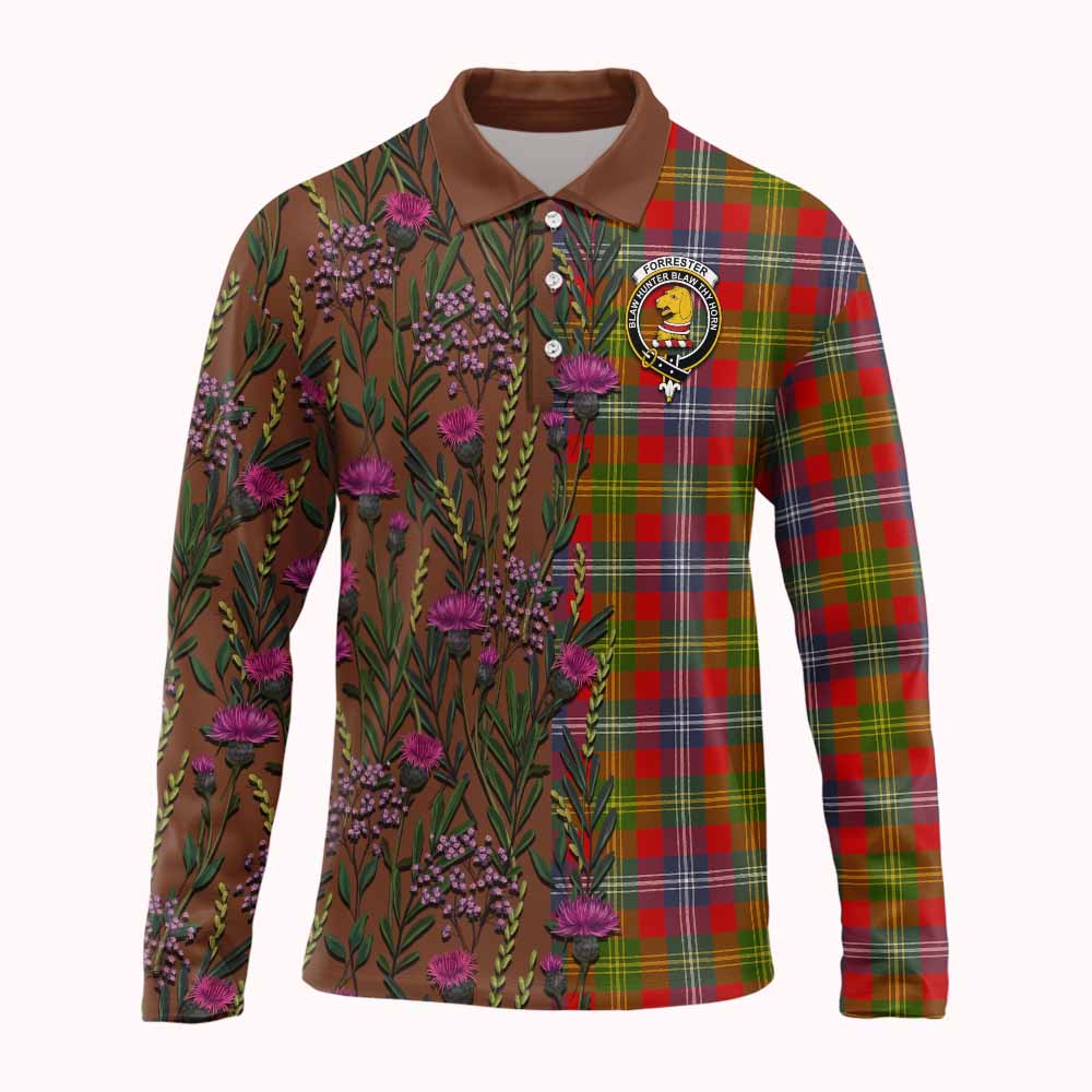 Forrester (Foster) Family Crest Tartan Long Sleeve Polo Shirt Scottish Thistle Flower Pattern Half Style - Tartan Vibes Clothing
