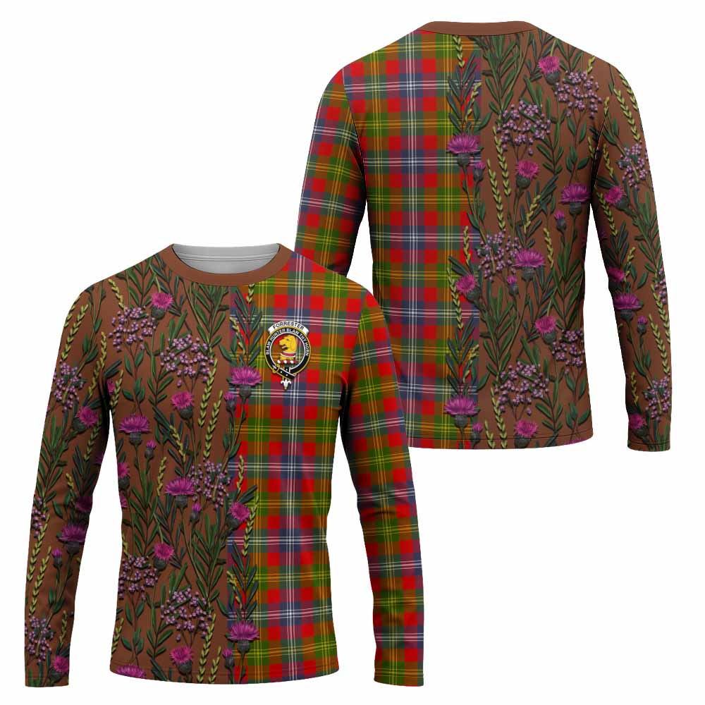 Forrester (Foster) Family Crest Tartan Long Sleeve T-Shirt Scottish Thistle Flower Pattern Half Style - Tartan Vibes Clothing