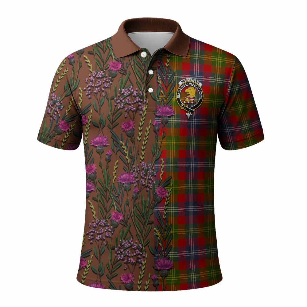 Forrester (Foster) Family Crest Tartan Polo Shirt Scottish Thistle Flower Pattern Half Style - Tartan Vibes Clothing