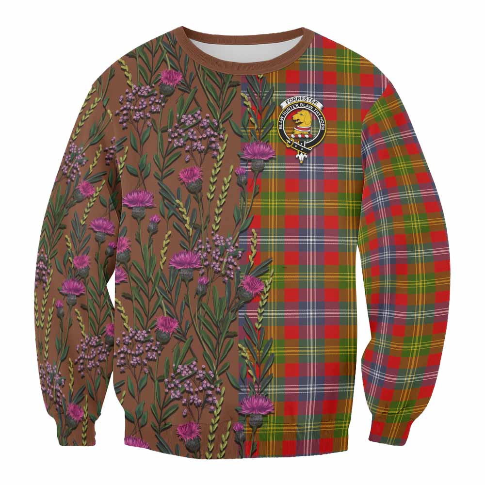 Forrester (Foster) Family Crest Tartan Sweatshirt Scottish Thistle Flower Pattern Half Style - Tartan Vibes Clothing