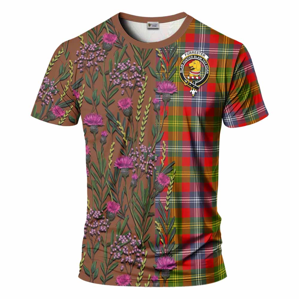 Forrester (Foster) Family Crest Tartan T-Shirt Scottish Thistle Flower Pattern Half Style - Tartan Vibes Clothing
