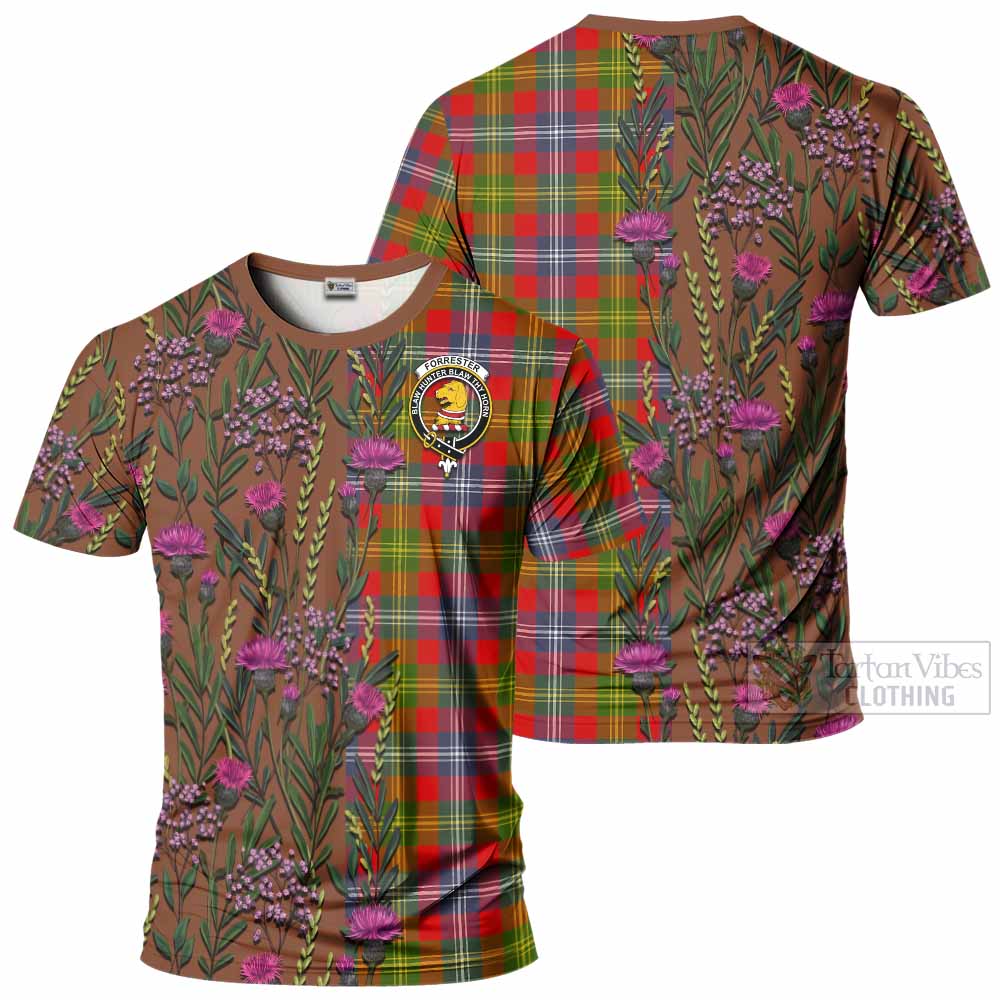Forrester (Foster) Family Crest Tartan T-Shirt Scottish Thistle Flower Pattern Half Style - Tartan Vibes Clothing