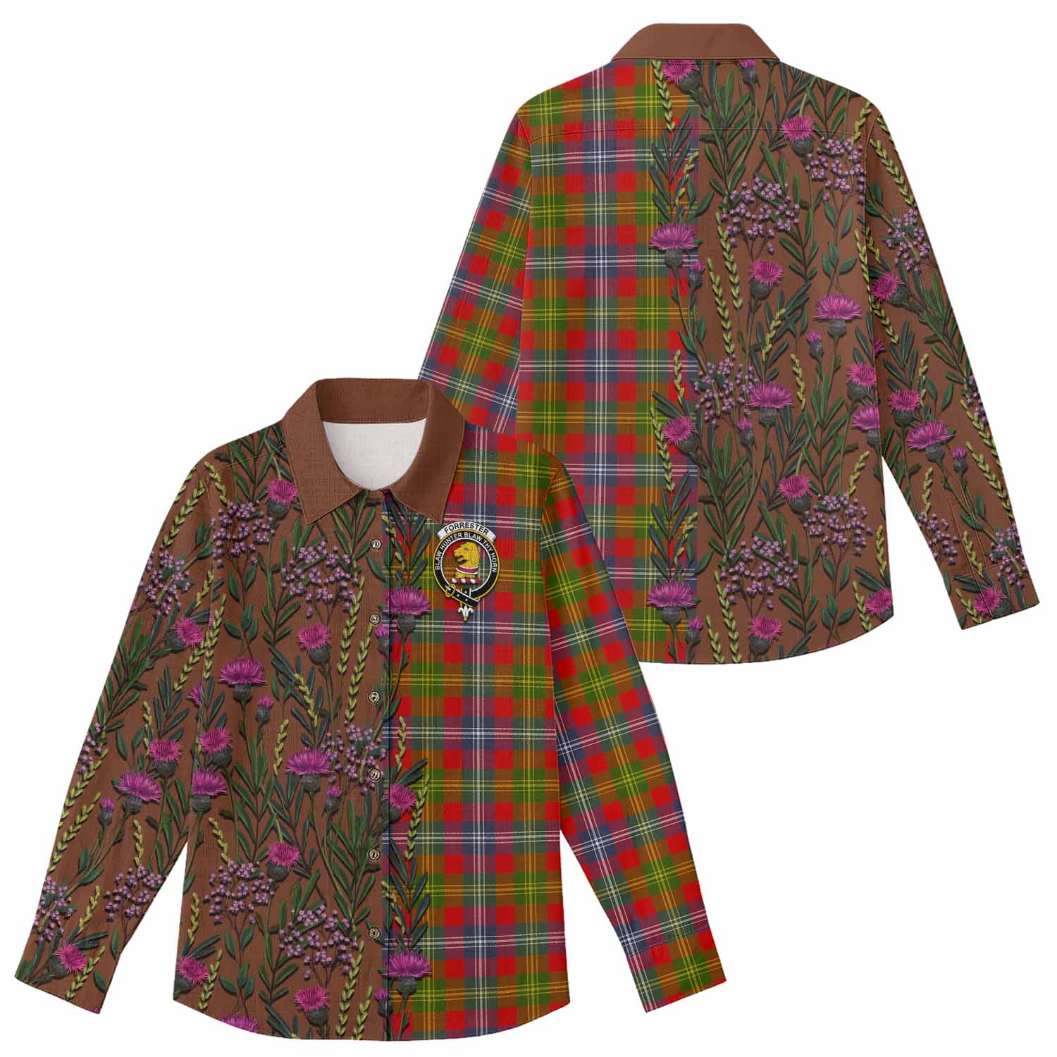 Forrester (Foster) Family Crest Tartan Women Casual Shirt Scottish Thistle Flower Pattern Half Style - Tartan Vibes Clothing