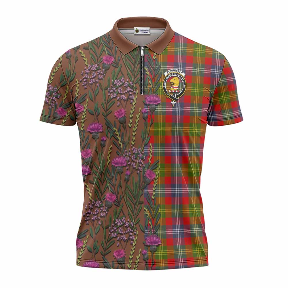 Forrester (Foster) Family Crest Tartan Zipper Polo Shirt Scottish Thistle Flower Pattern Half Style - Tartan Vibes Clothing