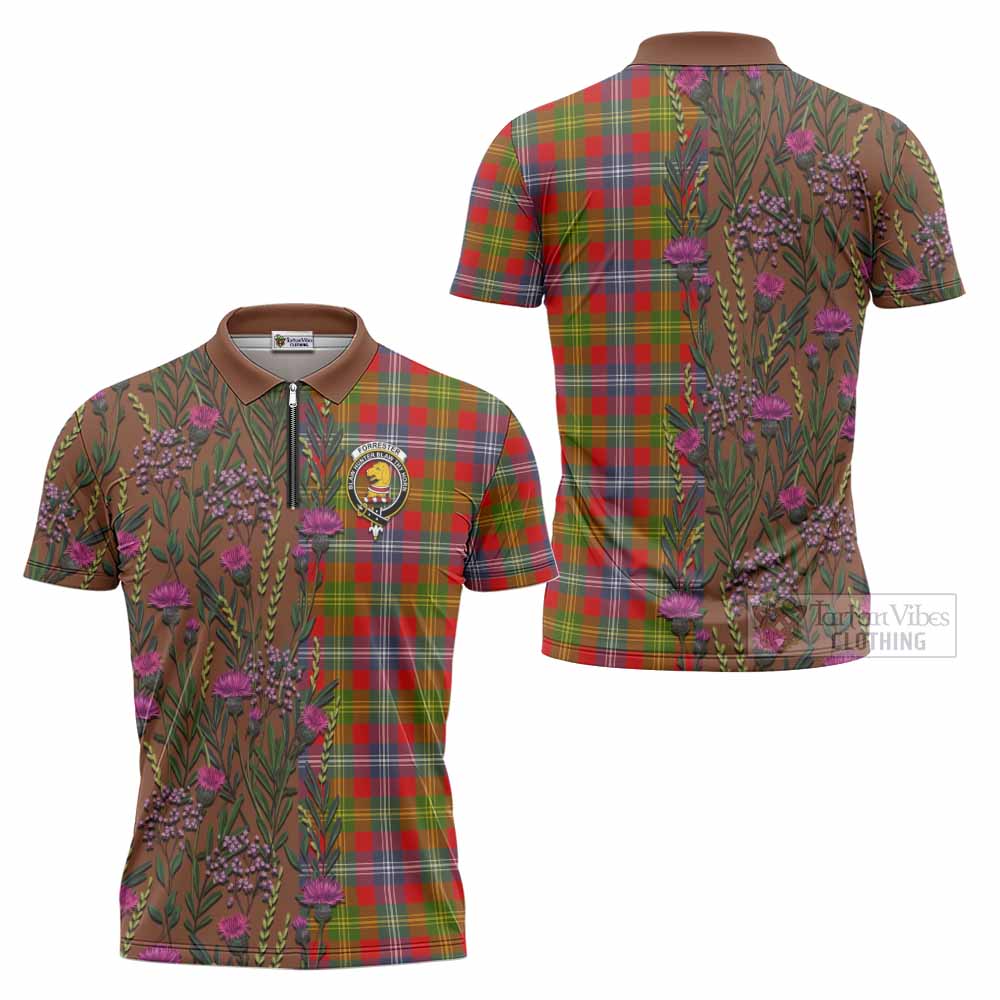 Forrester (Foster) Family Crest Tartan Zipper Polo Shirt Scottish Thistle Flower Pattern Half Style - Tartan Vibes Clothing
