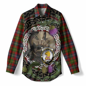 Forrester (Foster) Tartan Crest Bagpipe Nessie Women Casual Shirt Scottish Loch Ness Monster Celtic Thistle