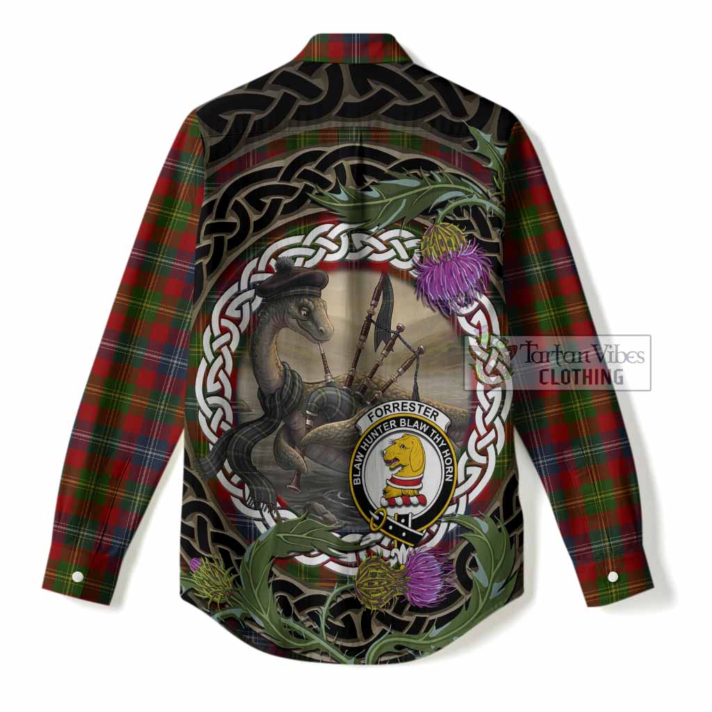 Forrester (Foster) Tartan Crest Bagpipe Nessie Women Casual Shirt Scottish Loch Ness Monster Celtic Thistle