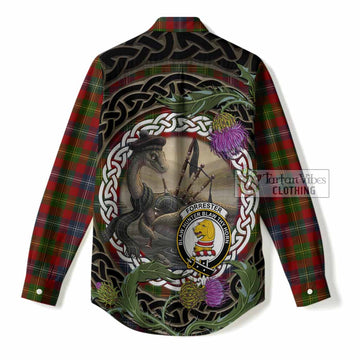 Forrester (Foster) Tartan Crest Bagpipe Nessie Women Casual Shirt Scottish Loch Ness Monster Celtic Thistle