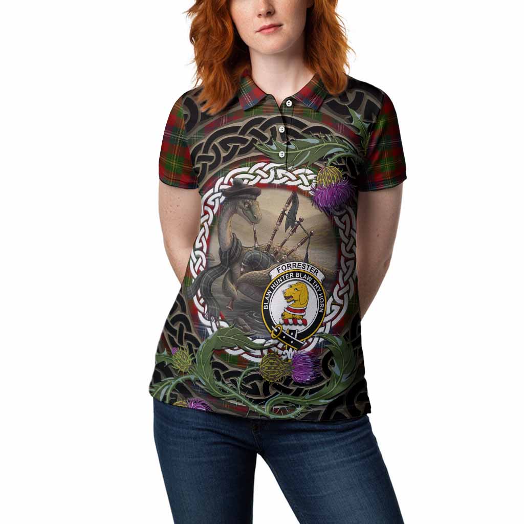 Forrester (Foster) Tartan Crest Bagpipe Nessie Women Polo Shirt Scottish Loch Ness Monster Celtic Thistle