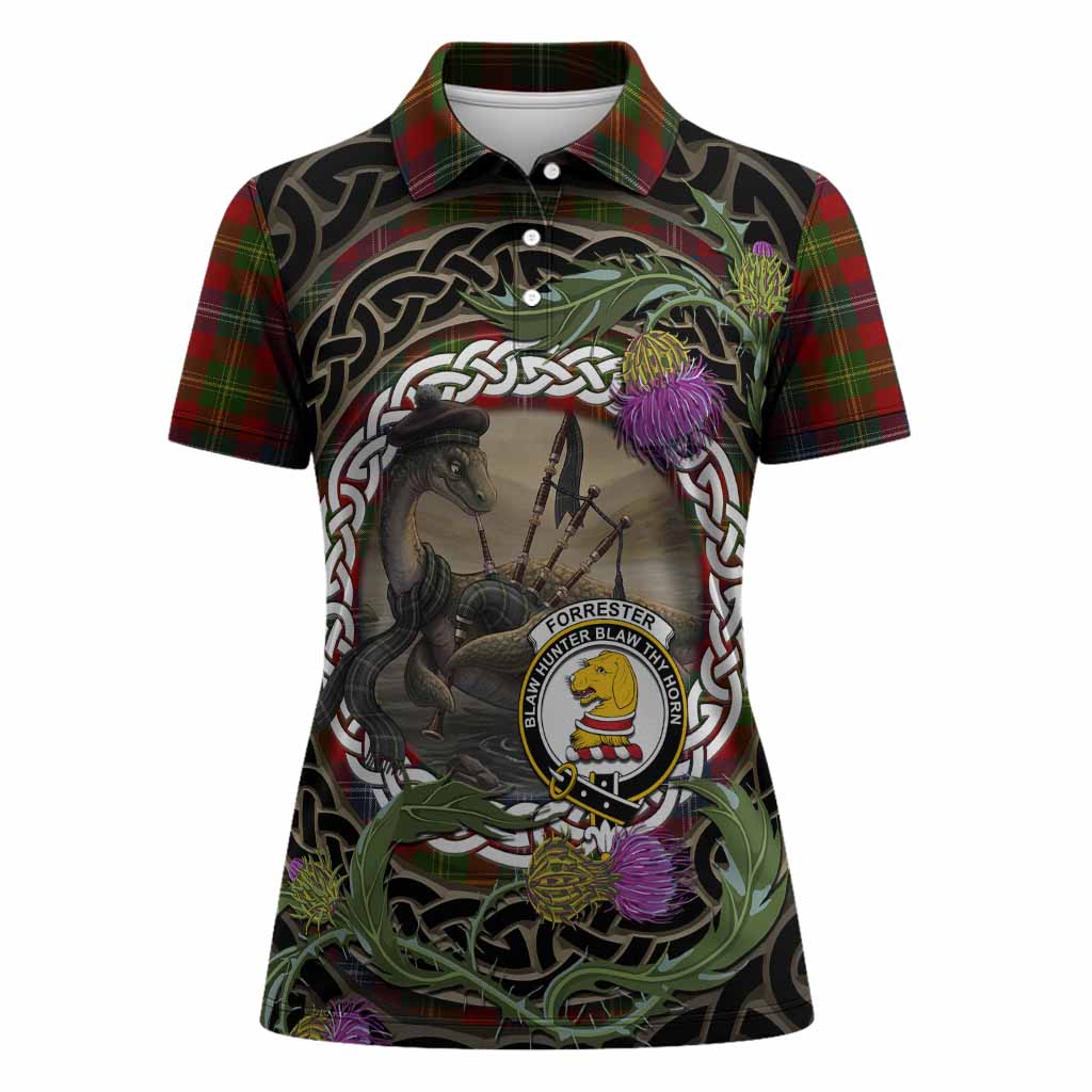 Forrester (Foster) Tartan Crest Bagpipe Nessie Women Polo Shirt Scottish Loch Ness Monster Celtic Thistle