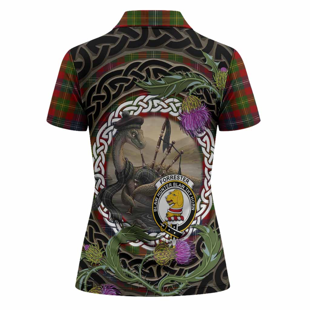 Forrester (Foster) Tartan Crest Bagpipe Nessie Women Polo Shirt Scottish Loch Ness Monster Celtic Thistle