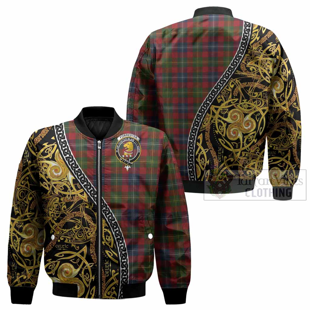 Forrester (Foster) Tartan Crest Bomber Jacket Celtic Knot and Triple Trickle Spiral Symbols