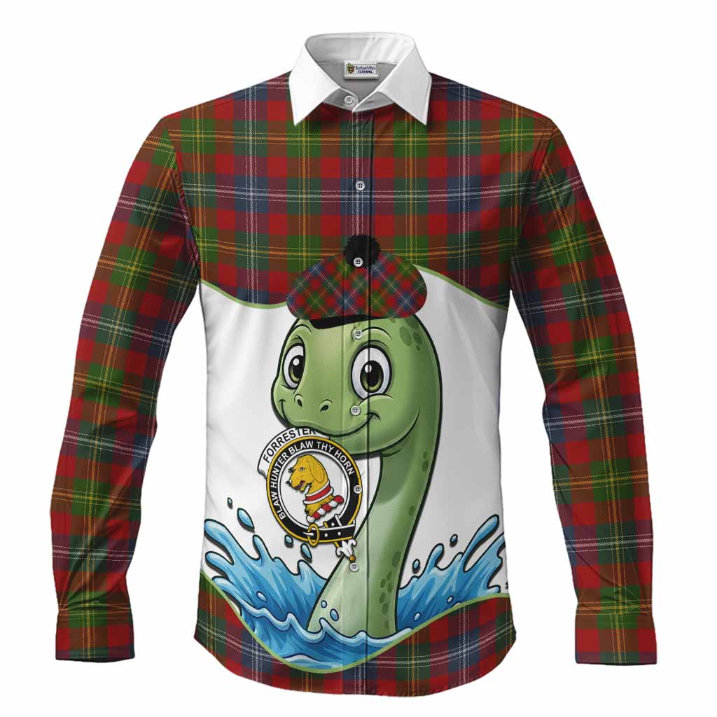 Forrester (Foster) Tartan Crest Cute Nessie Long Sleeve Button Shirts Scottish Loch Ness Monster