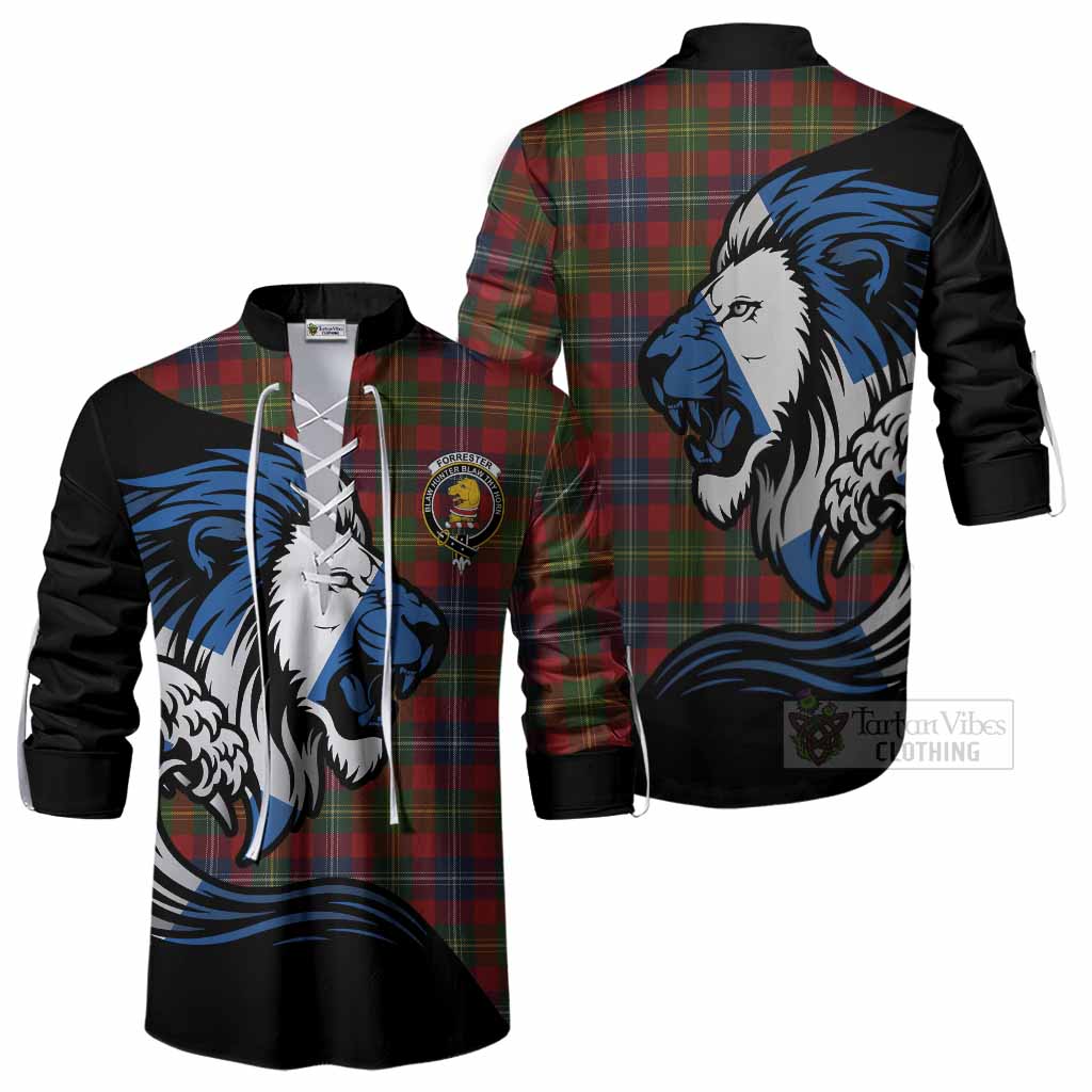 Forrester (Foster) Tartan Crest Ghillie Shirt Scottish Golden Lions Wave Flow