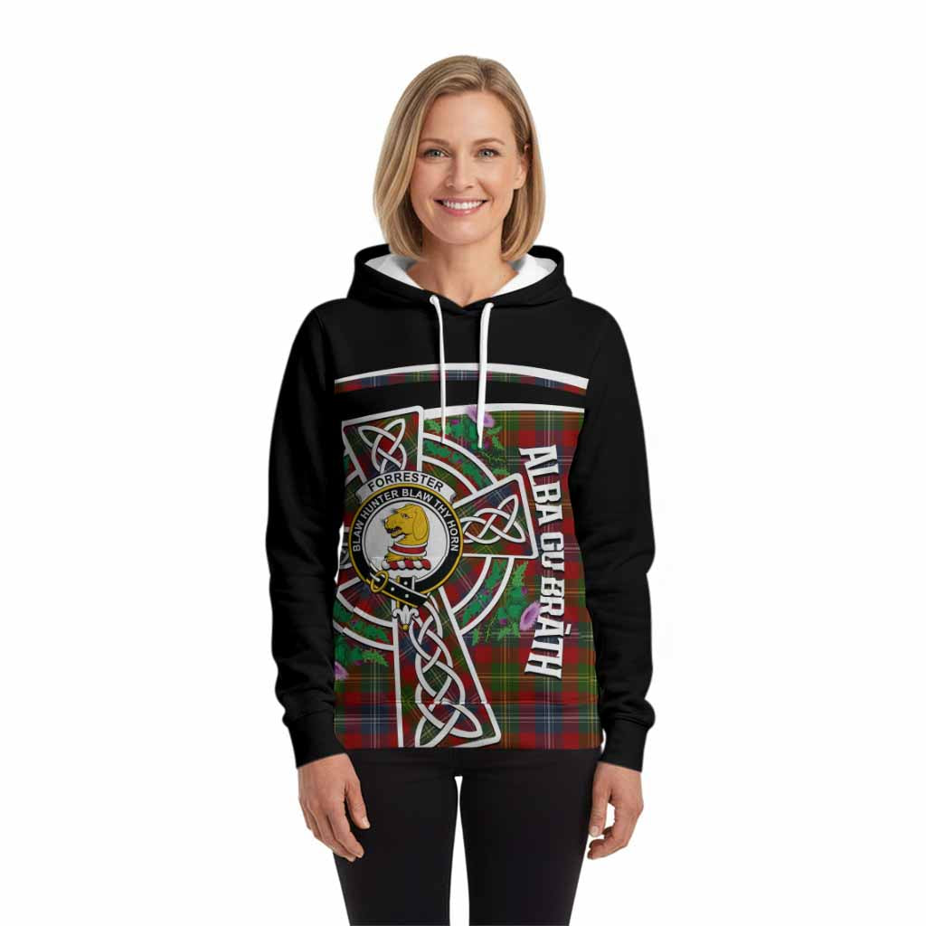 Forrester (Foster) Tartan Crest Hoodie Scottish Thistle Celtic Cross Alba Gu Brath