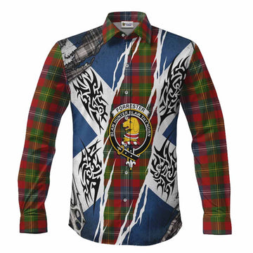 Forrester (Foster) Tartan Crest Long Sleeve Button Shirts Scotland Flag Ripped Tribal Design
