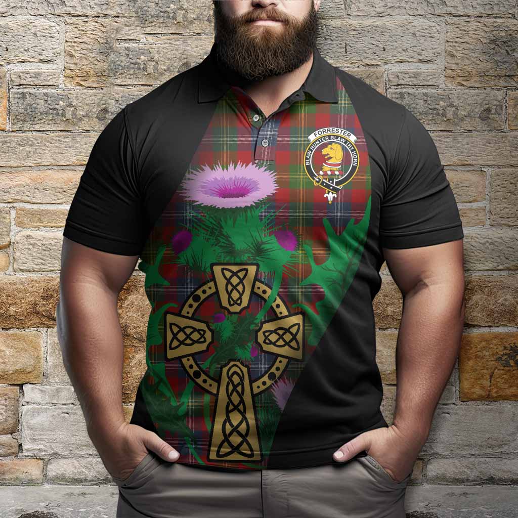 Forrester (Foster) Tartan Crest Polo Shirt Celtic Cross Thistle Flowers