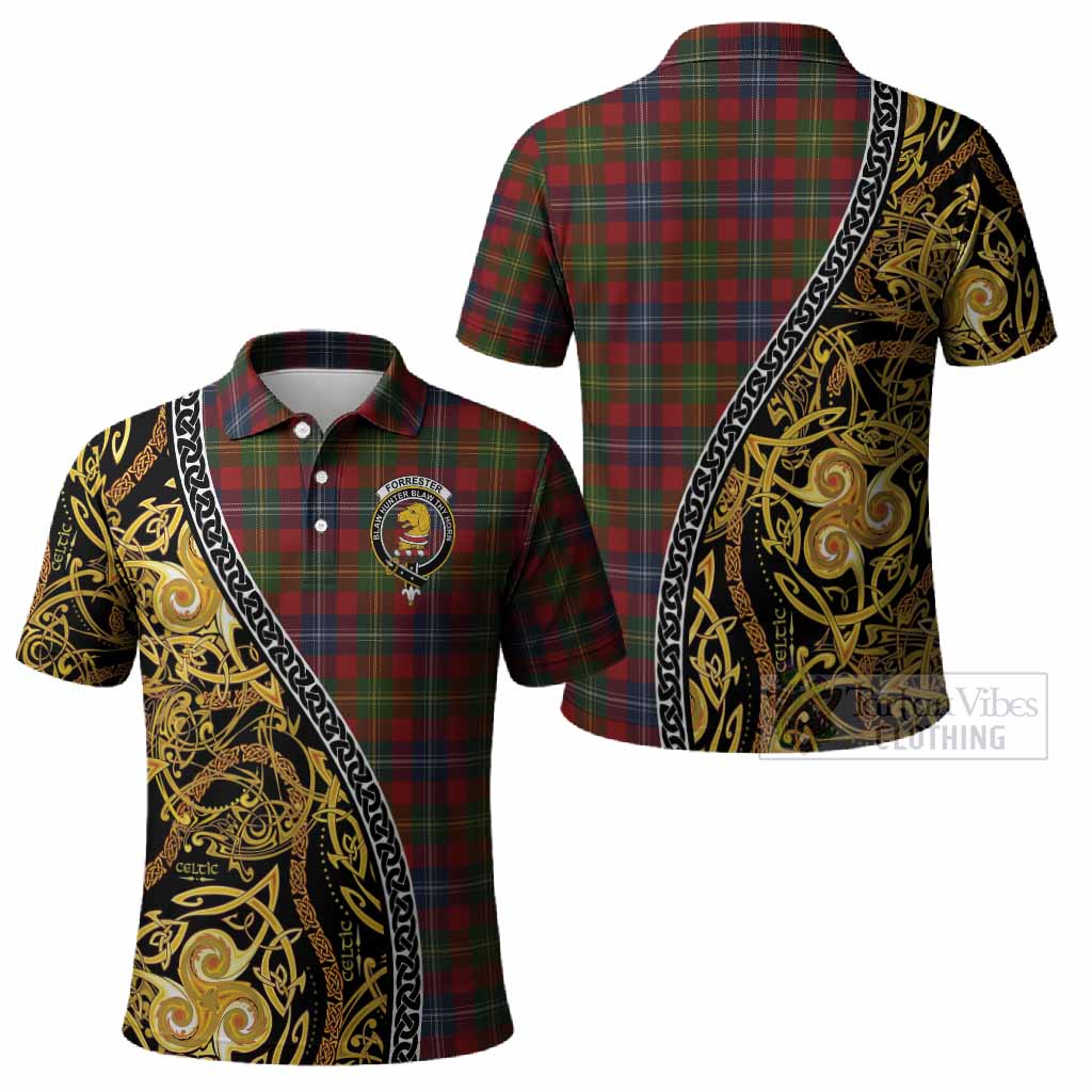 Forrester (Foster) Tartan Crest Polo Shirt Celtic Knot and Triple Trickle Spiral Symbols