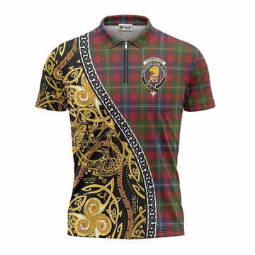 Forrester (Foster) Tartan Crest Zipper Polo Shirt Celtic Knot and Triple Trickle Spiral Symbols