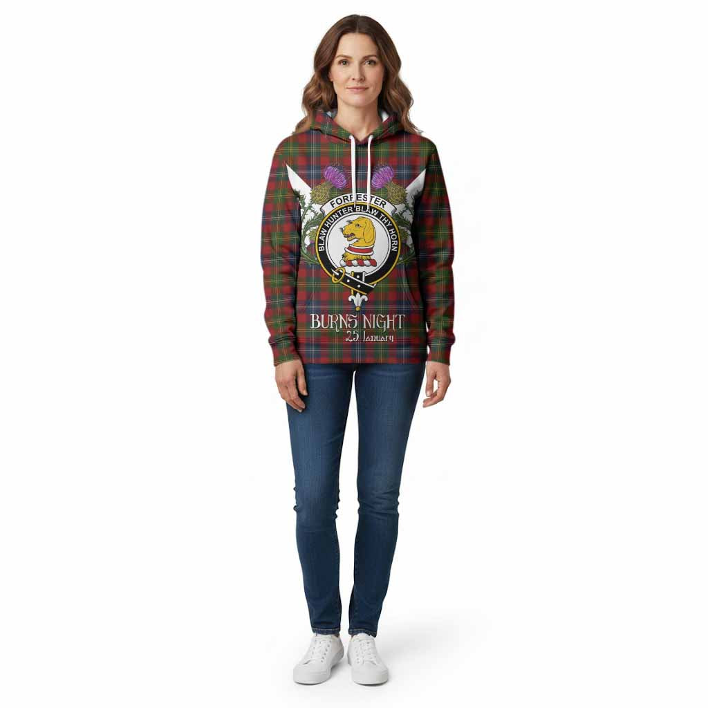 Forrester (Foster) Tartan Family Crest Cotton Hoodie Scottish Burns Night Thistle Floral