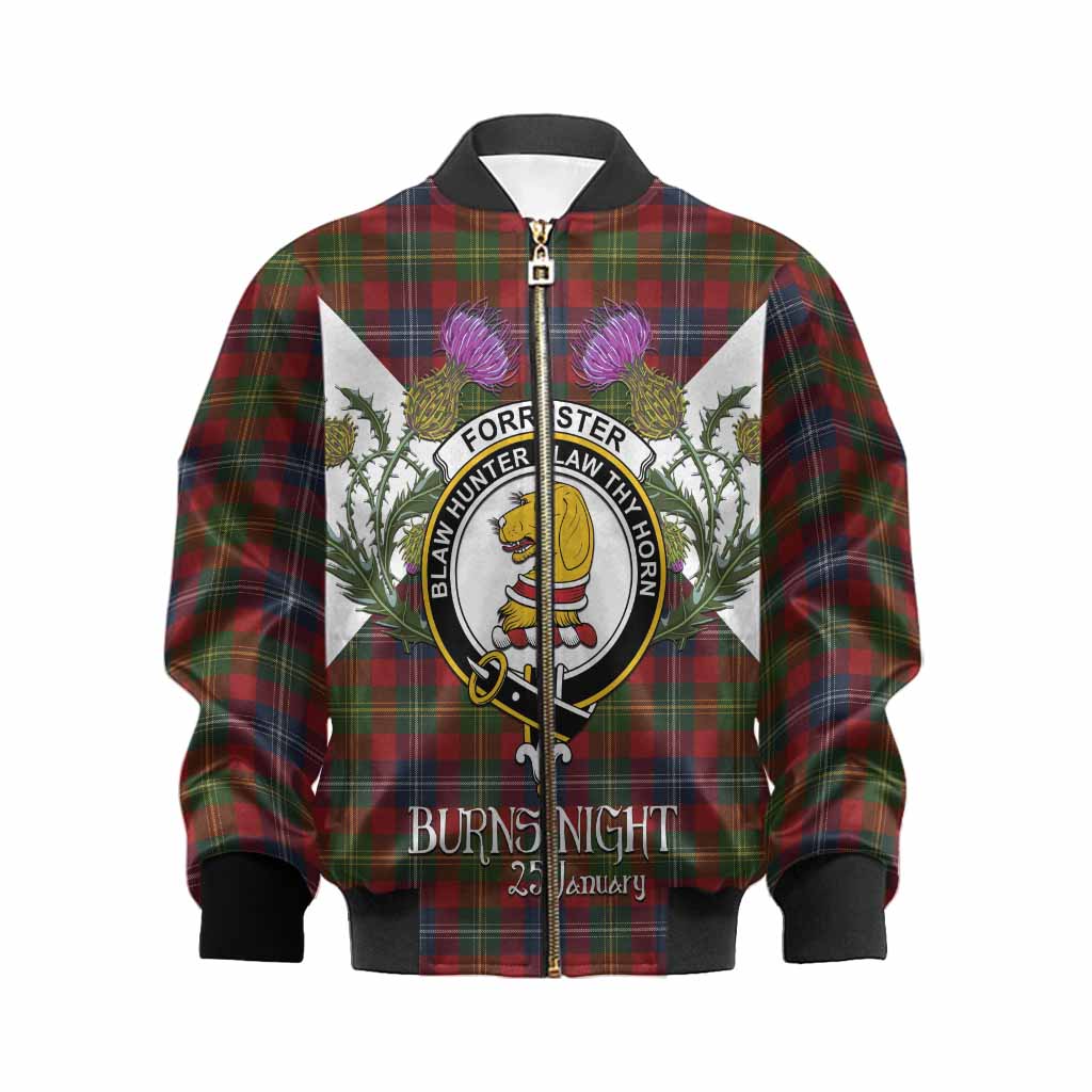 Forrester (Foster) Tartan Family Crest Kid Bomber Jacket Scottish Burns Night Thistle Floral