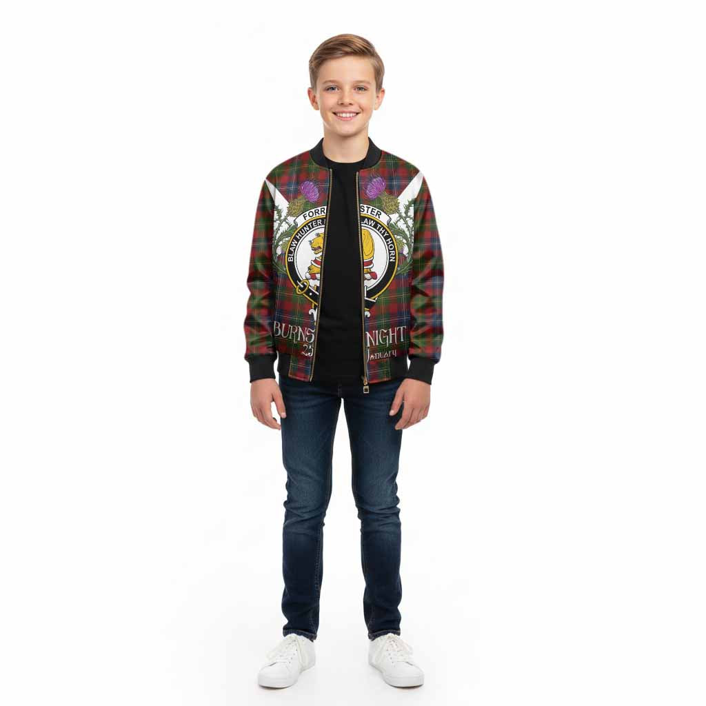Forrester (Foster) Tartan Family Crest Kid Bomber Jacket Scottish Burns Night Thistle Floral