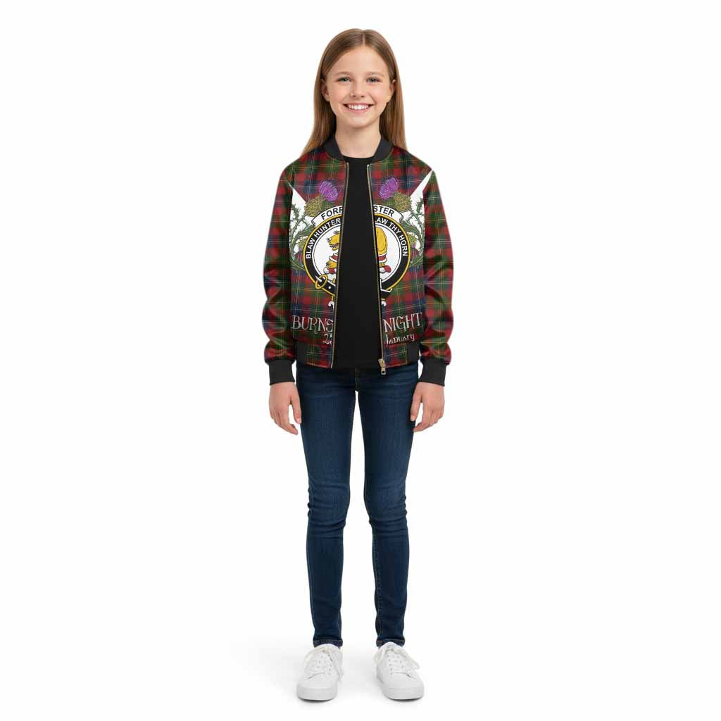 Forrester (Foster) Tartan Family Crest Kid Bomber Jacket Scottish Burns Night Thistle Floral